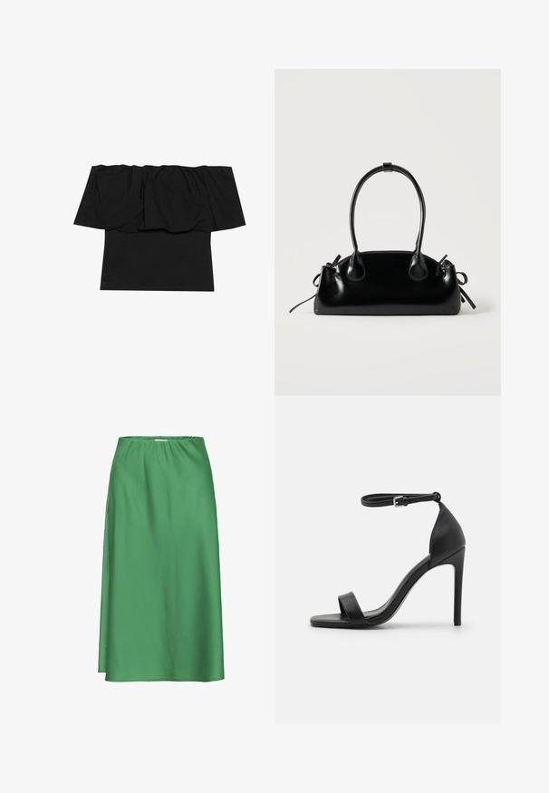 Top negro de tirantes caídos que presenta tela gathered en el escote, una textura ajustada en el cuerpo y mangas cortas. Material suave y liso.; Falda de satén verde con cintura elástica, de longitud media, textura lisa y un diseño sencillo y fluido sin patrones ni detalles visibles.; Sandalia de tacón alto negra con un diseño elegante, que cuenta con una correa en el tobillo, punta abierta y una textura de cuero suave.; Pequeño bolso negro brillante con dos asas largas y detalles de cordón lateral sobre un fondo claro liso.