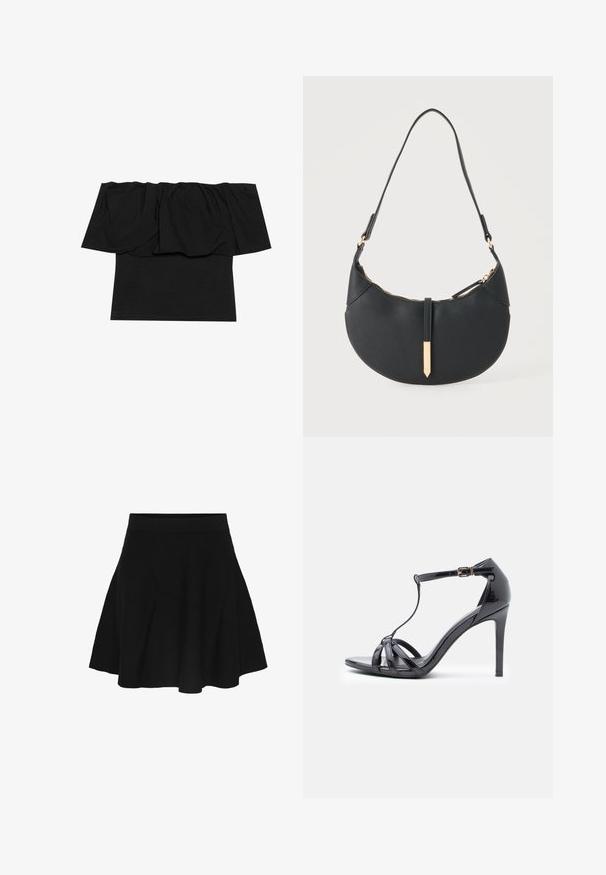 Zwarte off-shoulder top met geplooid materiaal bij de halslijn, een aansluitende pasvorm op het lichaam en korte mouwen. Zachte, soepele stof.; Zwarte A-lijn rok met een aangesloten tailleband, die zachtjes uitloopt naar de zoom, getoond op een effen witte achtergrond.; Zwarte lakleren hoge hak sandaal met dunne banden, T-bar ontwerp, gesp sluiting en een elegante, gebogen silhouet.; Zwarte handtas in halve maanvorm met een enkele band, gouden rits en een gouden rechthoekige decoratieve tab aan de voorkant.