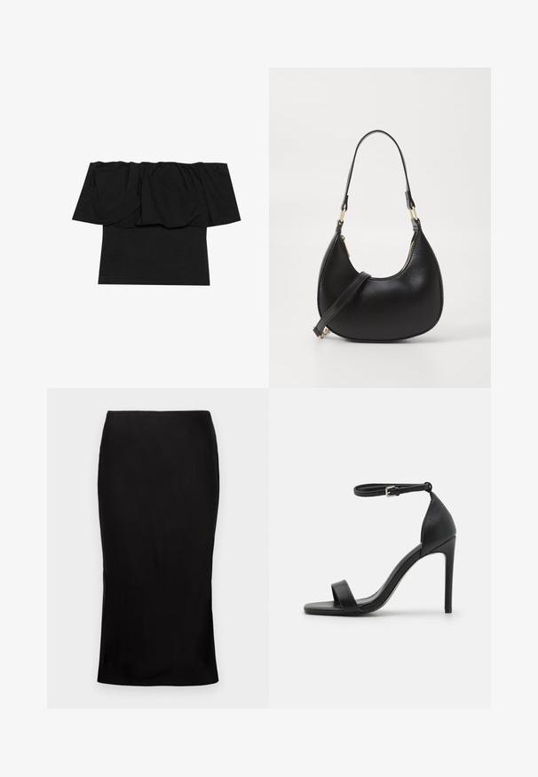Sort off-shoulder top med foldet stof ved halsudskæringen, en tætsiddende tekstur ved kroppen og korte ærmer. Blødt, glat materiale.; Sort, tætsiddende midi-nederdel med en glat tekstur, detaljer med sideslids og en klassisk talje. Designet til en elegant silhuet.; Sort højhælet sandal med et sleek design, der har en ankelrem, åben tå og glat lædertekstur.; Sort læder håndtaske med en buet form, udstyret med en top-lynlås, et kort håndtag og en aftagelig crossbody-strop. Gyldne hardware-accenter.