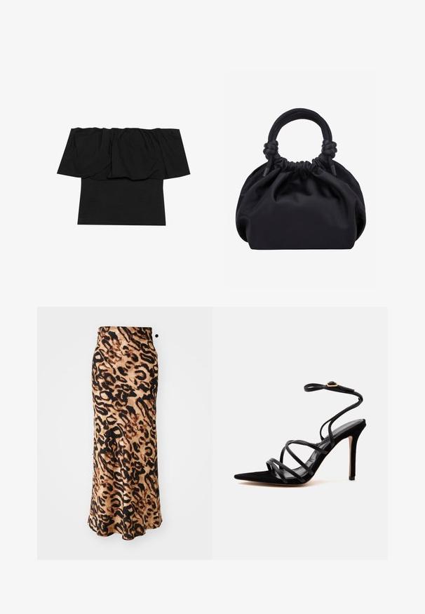 Sort off-shoulder top med foldet stof ved halsudskæringen, en tætsiddende tekstur ved kroppen og korte ærmer. Blødt, glat materiale.; Maxikjole med leopardprint og en tætsiddende talje, lavet af blødt stof, med nuancer af brun og sort i en svævende A-formet silhuet.; Sort højhælet sandal med spids tå, tynde krydsede stropper og en ankelrem med en guldbuket på en ensartet lys baggrund.; Sort blød stofhåndtaske med samlet top og cirkulære polstrede håndtag bundet med knuder på hver side.