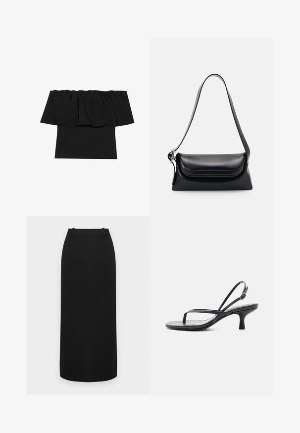 Sort off-shoulder top med foldet stof ved halsudskæringen, en tætsiddende tekstur ved kroppen og korte ærmer. Blødt, glat materiale.; Sort blyantskørt med tætsiddende design, glat tekstur, længde til midt på læggen og en talje med bæltestropper. Ingen pynt.; Sort sandal med tynde stropper, lav kittenhæl, tynd tællerem og justerbar ankelrem med sølvspænde, på hvid baggrund.; Sort læderhåndvask med en struktureret form, en glat overflade og en enkelt skulderrem. Har et subtilt, rundet klapdesign.