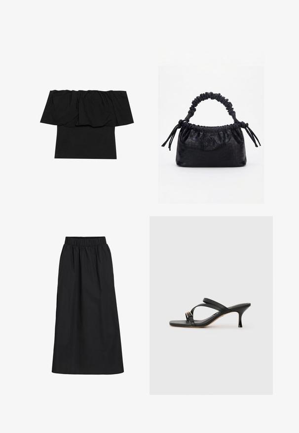 Schwarzes Off-Shoulder-Oberteil mit gerafftem Stoff am Ausschnitt, einer taillierten Passform am Körper und kurzen Ärmeln. Weiches, glattes Material.; Schwarzer, knielanger Rock aus weichem, leichtem Stoff. Verfügt über einen elastischen Bund und ein einfaches, fließendes Design ohne Verzierung.; Schwarze Sandalen mit Absatz und quadratischer Zehenform, zwei überkreuzten Riemen, goldfarbener Schnallenakzent und einem schmalen hohen Absatz. Weiches Ledertextur.; Schwarze Handtasche mit Krokodilstruktur, gerafftem oberen Rand, zusammengezogenem Griff und Zugkordeln mit Quasten an jeder Seite vor weißem Hintergrund.
