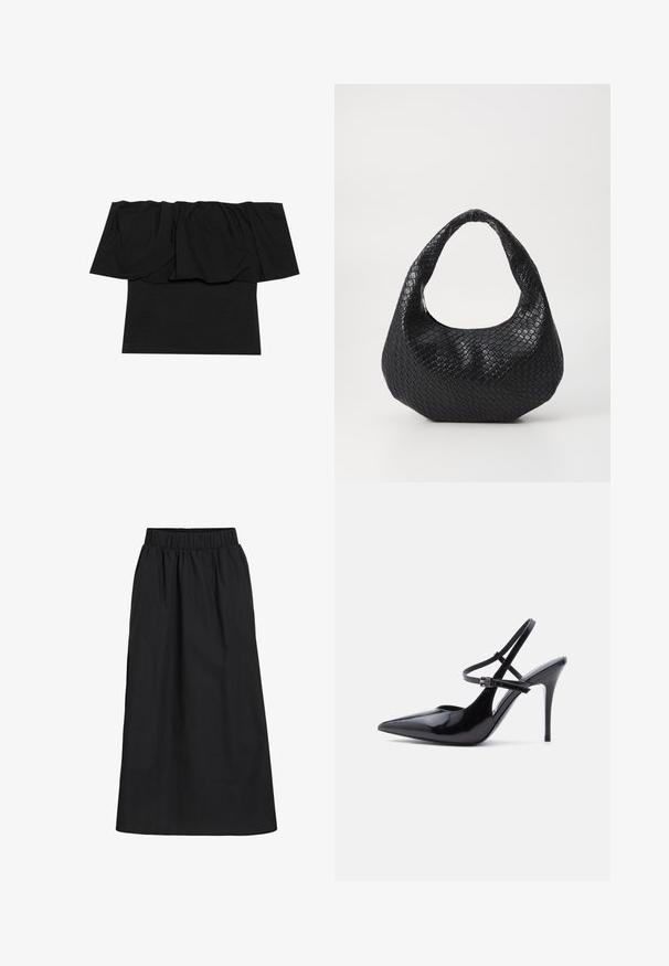 Zwarte off-shoulder top met geplooid materiaal bij de halslijn, een aansluitende pasvorm op het lichaam en korte mouwen. Zachte, soepele stof.; Zwarte, knie-lange rok gemaakt van zachte, lichte stof. Heeft een elastische tailleband en een eenvoudig, vloeiend ontwerp zonder versieringen.; Zwart lakleren pumps met spitse neus, hoge naaldhakken en twee smalle verstelbare enkelbandjes, zijaanzicht.; Zwarte geweven handtas met een gebogen handvat, met een gestructureerd oppervlak en een slouchy vorm. Gladde afwerking met een organische silhouette.