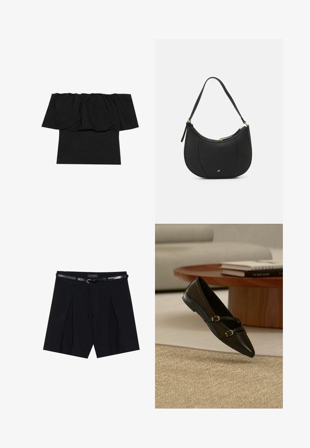 Zwarte off-shoulder top met geplooid materiaal bij de halslijn, een aansluitende pasvorm op het lichaam en korte mouwen. Zachte, soepele stof.; Zwarte op maat gemaakte shorts met plooien, voorzien van een slanke zwarte riem met een gouden gesp. Gemaakt van een soepele stof, die een verfijnde uitstraling biedt.; Zwarte platte schoen met puntige neus en twee dunne gespspanners die boven een beige tapijt zweven, met een houten salontafel en boeken op de achtergrond.; Zwarte leren handtas met een gebogen vorm, textuuroppervlak, voornaden en een logo in goudkleur. Beschikt over een enkele verstelbare schouderband.