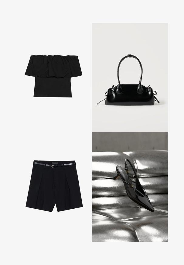 Sort off-shoulder top med foldet stof ved halsudskæringen, en tætsiddende tekstur ved kroppen og korte ærmer. Blødt, glat materiale.; Sorte skræddersyede shorts med folder, udstyret med et slankt sort bælte med en gylden spænde. Fremstillet af et glat stof, der giver et poleret udseende.; Sort laklæder spids tå slingback sko med kitten hæl hvilende på en skinnende metallisk sølv tuftet overflade.; Lille sort blank håndtaske med to lange håndtag og snøre-detaljer i siden på en ensfarvet lys baggrund.