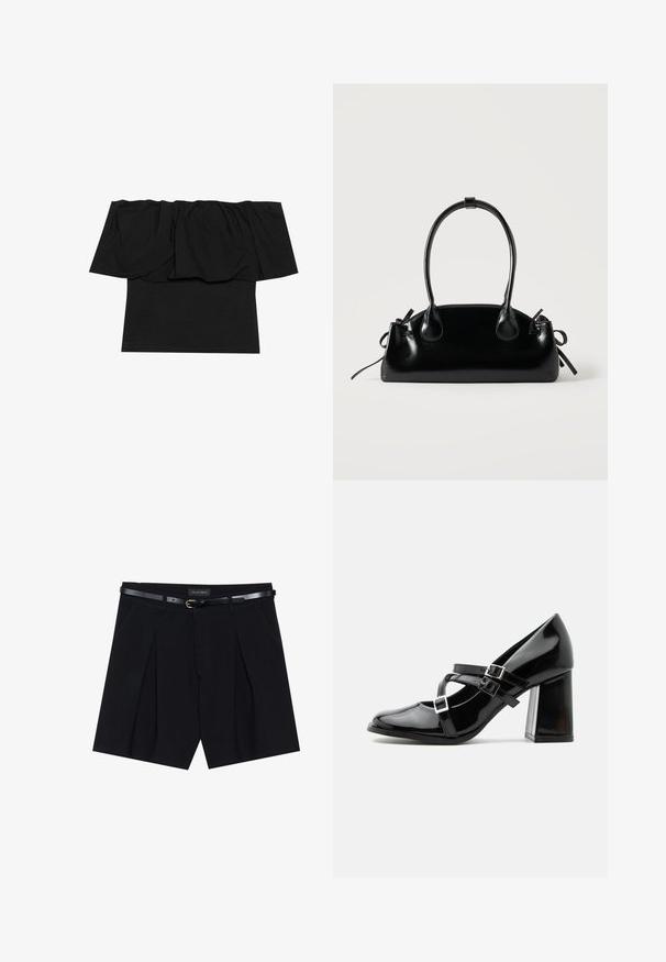Top negro de tirantes caídos que presenta tela gathered en el escote, una textura ajustada en el cuerpo y mangas cortas. Material suave y liso.; Shorts negros a medida con pliegues, que cuentan con un cinturón negro delgado con hebilla dorada. Elaborados en un tejido suave, ofrecen un aspecto pulido.; Zapato de tacón alto estilo Mary Jane negro brillante con tres tiras con hebillas y un tacón de bloque grueso, mostrado de perfil sobre fondo blanco.; Pequeño bolso negro brillante con dos asas largas y detalles de cordón lateral sobre un fondo claro liso.