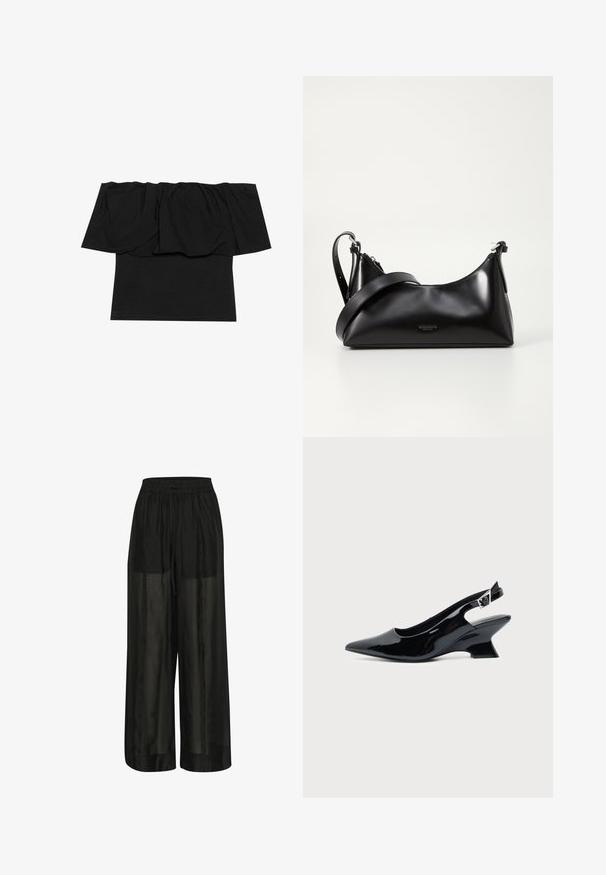 Top negro de tirantes caídos que presenta tela gathered en el escote, una textura ajustada en el cuerpo y mangas cortas. Material suave y liso.; Pantalones de pierna ancha negros hechos de tela transparente, con una cinturilla elástica y un cordón para un ajuste ajustable y una textura suave.; Zapato slingback de cuero charol negro con puntera puntiaguda y tacón bajo en bloque inclinado sobre fondo claro liso.; Bolso de mano de cuero negro con una textura suave. Cuenta con una correa ajustable y un diseño elegante y minimalista con cierre de cremallera.