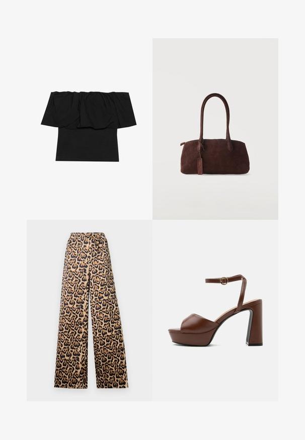 Sort off-shoulder top med foldet stof ved halsudskæringen, en tætsiddende tekstur ved kroppen og korte ærmer. Blødt, glat materiale.; Bredde bukser med leopardprint i beige og sort, med elastisk talje og en glat overflade.; Brun læder platform sandal med tyk høj hæl, åben tå og justerbar ankelrem med gyldent spænde, vist fra siden.; Mørkebrun ruskindshåndtaske med to lange håndtag og en lille fastgjort tag, sat mod en ensfarvet lys baggrund.