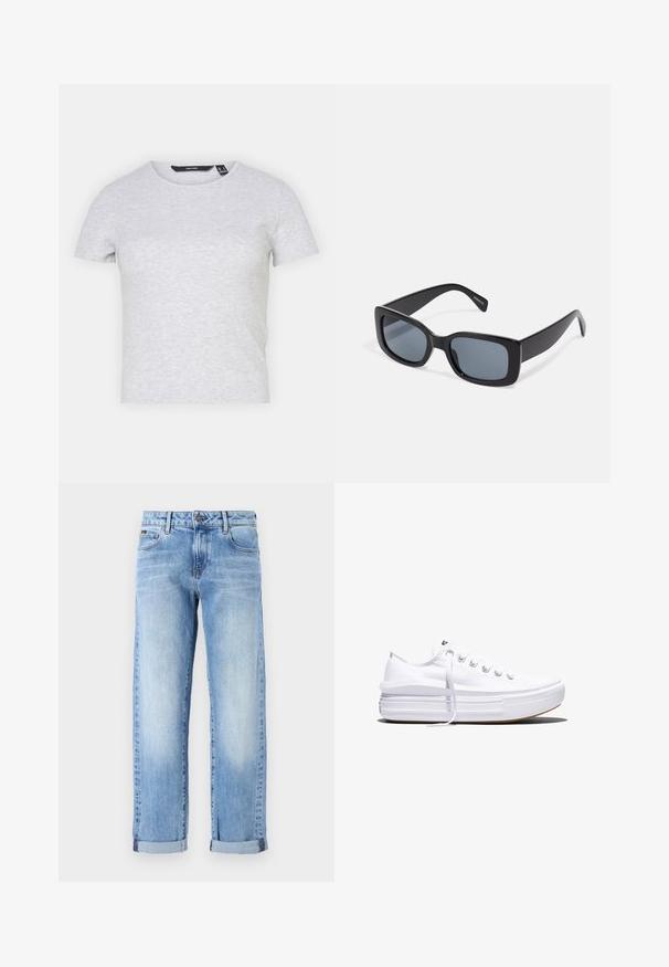 Vero Moda VMCHLOE SHORT - T-shirts basic - light grey melange; Lyseblå denimjeans med opsmøgede ben, frontknap og lynlås, samt klassisk femlommesdesign på en hvid baggrund.; Hvid lavt snørestøvle med tyk plateau-sål, snørelukning foran og gummiforstærket tåkap, set i sideprofil.; Sorte rektangulære solbriller med mørkt tonede linser, tyk plastramme og brede stænger. Glat overflade og kantet design.