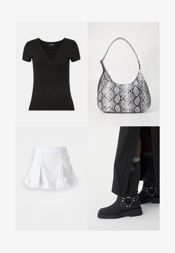 T-shirt noir à manches courtes avec un décolleté en V profond et des détails entrecroisés. Fabriqué en tissu doux avec une coupe ajustée et une texture lisse.; Jupe blanche en tissu texturé avec des détails froncés et un ourlet volanté. Présente un design évasé avec une taille ajustée.; Bottines noires en cuir à finition mate, avec un embout carré et des boucles décoratives. La semelle est épaisse et texturée.; Sac à épaule en simili cuir noir et blanc avec imprimé serpent, de forme arrondie, texture lisse et bandoulière incurvée. Présente un accent en matériel argenté.