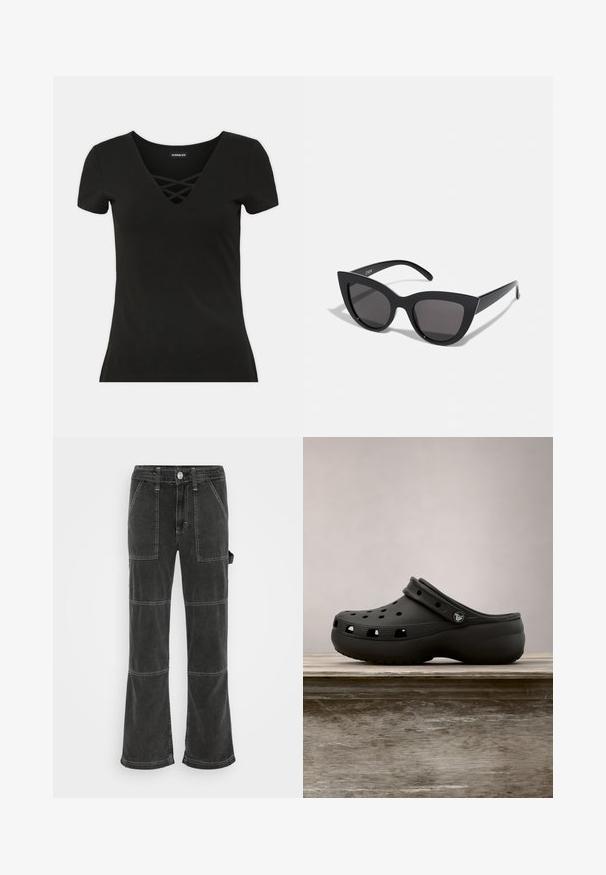 Camiseta negra de manga corta con un escote en V profundo y detalle de cruce. Hecha de tejido suave, con una forma ajustada y textura lisa.; BDG Urban Outfitters UTILITY SKATE - Vaqueros boyfriend - washed black; Zueco de goma negro con agujeros de ventilación, tacón elevado, correa trasera y suela texturizada. Acabado liso con un diseño minimalista.; Gafas de sol negras en forma de ojo de gato con un acabado mate, que presentan lentes ahumados grises, ángulos pronunciados y brazos laterales elegantes. Nombre de la marca visible en el interior del brazo.