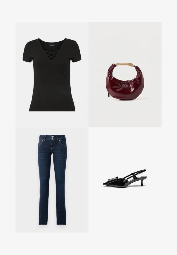 Sort kortærmet t-shirt med dyb V-hals og crisscross detaljering. Fremstillet af blødt stof med en tætsiddende pasform og glat tekstur.; Mørkeblå skinny jeans med dobbeltknaplukning, frontlommer og gule syninger på hvid baggrund.; Sorte patenterede læderslingbacks med spids tå, en sløjfedetalje foran og en lille stilettohæle. Remmene har justerbare spænder.; Bordeaux farvet faux læder handbag med en afrundet form, samling detaljer og et guldtonet metalhåndtag. Glat tekstur og blank finish.