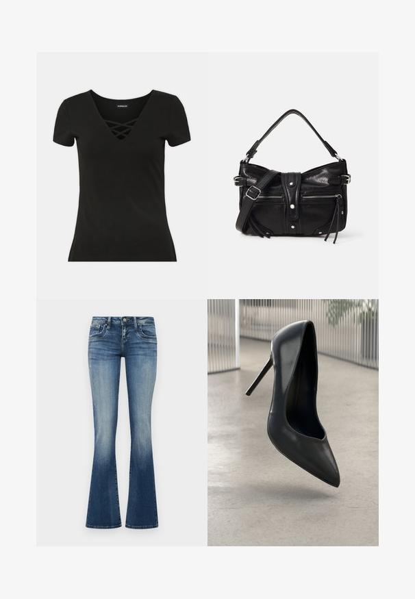 Sort kortærmet t-shirt med dyb V-hals og crisscross detaljering. Fremstillet af blødt stof med en tætsiddende pasform og glat tekstur.; Flared denim jeans i mellemblå med en falmet vask. Har fem lommer, bæltestropper og kontrasterende syninger. Blødt, tekstureret stof.; Sorte læder højhælede pumps med spids tå, slankt design og ingen synlige hardware. Glat tekstur og minimalisisk stil.; Even&Odd H24462 - Håndtasker - black