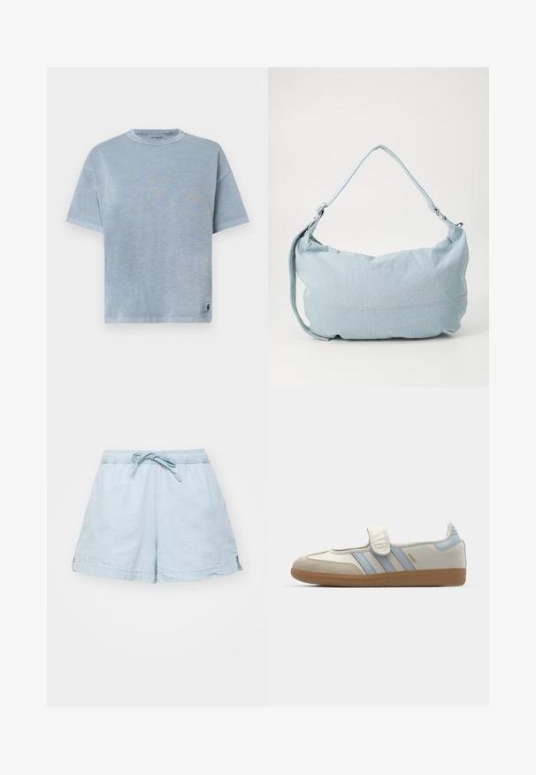 T-shirt en coton bleu clair avec manches courtes, col rond et ourlet cousu. Présente une petite étiquette logo en bas à gauche.; Shorts légers de couleur bleu clair avec une taille élastique et un cordon de serrage. Dotés de poches latérales et d'une coupe décontractée, fabriqués en tissu doux.; adidas Originals SAMBA JANE BALLERINA - Babies - cloud white/halo blue; Sac à dos en denim bleu clair de forme arrondie, avec une bandoulière ajustable et un subtil détail de couture le long du bas. Texture douce.