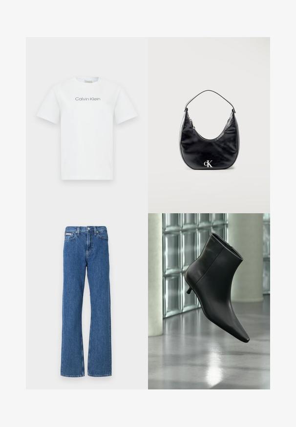 Camiseta de algodón blanca con cuello redondo y mangas cortas. Muestra el texto "Calvin Klein" en gris a lo largo del pecho.; Vaqueros de mezclilla azul con un diseño de pierna recta, con una cintura de altura media, bolsillos delanteros y un sutil detalle desgastado.; Botín negro de cuero con punta puntiaguda y tacón bajo estilo kitten, mostrado en ángulo sobre un suelo pulido y con una pared de bloques de vidrio de fondo.; Bolso de mano de cuero negro en forma de media luna con asa corta y logotipo "cK" plateado en el frente, cierre de cremallera en la parte superior.