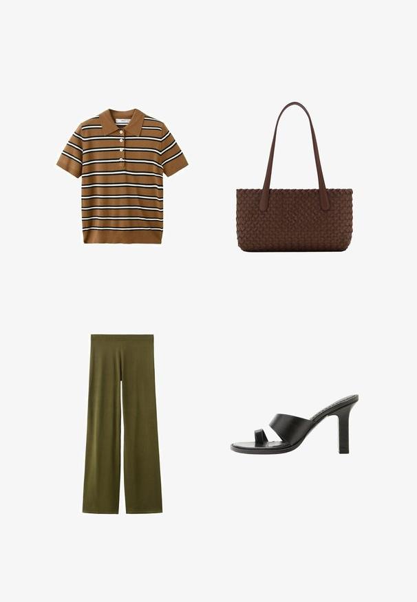 Polo marron à manches courtes avec des rayures horizontales noires et blanches et quatre boutons blancs sur le devant.; Pantalon à jambes larges vert olive à texture lisse avec une ceinture élastique, présenté à plat sur un fond blanc.; Sandale noire à talon haut avec une large bride sur le pied et une boucle pour l’orteil, vue de côté sur fond blanc.; Sac à main en cuir marron avec un motif tissé, avec deux longues anses fines pour un port à l'épaule.