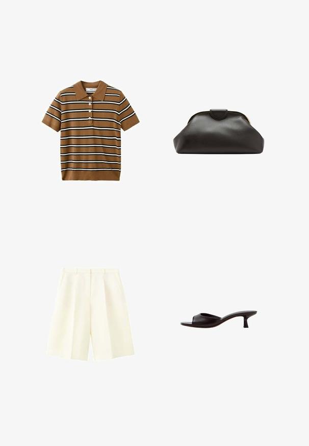Polo marron à manches courtes avec des rayures horizontales noires et blanches et quatre boutons blancs sur le devant.; Shorts cintrés couleur crème taille haute avec passants de ceinture, plis devant et poches latérales, présentés sur fond blanc.; Sandale mule noire à bout ouvert avec un talon bas courbé et une tige en cuir lisse sur fond blanc.; Pochette en cuir noir souple avec un cadre arrondi et une petite fermeture à languette en haut au centre.