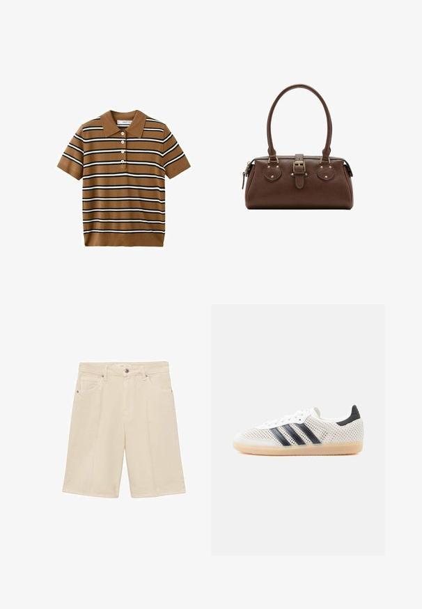 Brun kortærmet polotrøje med sorte og hvide vandrette striber og fire hvide knapper foran.; Beige bomuldsshorts med lynlås og knappelukning. Har fem lommer og subtile syninger. Regulær pasform og knælang design.; Hvide mesh-sneakers med sort tre-stribet design, rundet tå og gummisål. Har blød hælkant og snørelukning.; Brun læderhåndtaske med to håndtag, en central spænde-strop og guldfarvede beslag, vist mod en hvid baggrund.
