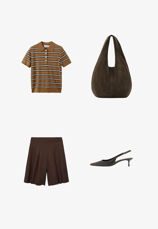 Polo marron à manches courtes avec des rayures horizontales noires et blanches et quatre boutons blancs sur le devant.; Shorts plissés marron à taille haute. Le tissu semble lisse et léger, présentant des plis profonds et nets pour une silhouette fluide.; Chaussure slingback en cuir noir à bout pointu, petit talon kitten et petite bride réglable avec boucle.; Sac hobo en daim marron foncé doux avec une large bandoulière unique et un fond arrondi sur fond blanc.