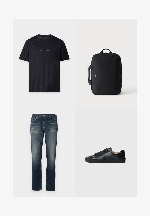 Čierne tričko s krátkym rukávom a okrúhlym výstrihom, s textom "EMPORIO ARMANI MILANO" vycentrovaným na hrudi malým bielym písmom.; Tmavomodré džínsy z denimu so strihom rovného nohavice, piatimi vreckami, jemným ažitím a kontrastným prešívaním. Uzáver na zatváranie pomocou kovového gombíka a zipsu.; Čierne kožené tenisky s hladkým povrchom, okrúhlou špičkou a šnúrkami. Majú hrubú gumenú podrážku a minimálne značkové detaily.; Čierna obdĺžniková cestovná taška s hornými a bočnými rukoväťami, minimalistický dizajn a malé logo vpredu na hladkom svetlom pozadí.