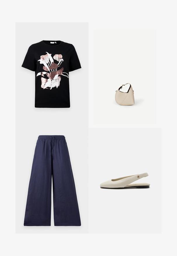 Sort kortærmet t-shirt med et blomsterdesign i hvid og roseguld. Blødt materiale med rund halsudskæring og normal pasform.; Marineblå brede bukser med elastisk talje, snøredetalje og blødt, let stof. Simpelt, flydende design uden udsmykninger.; Flatsko i cremefarvet læder med rundet tå og lille guldemblem på remmen.; Beige læder håndtaske i halvmåneform med en enkelt skulderrem og minimal syning, sat mod en ensartet hvid baggrund.
