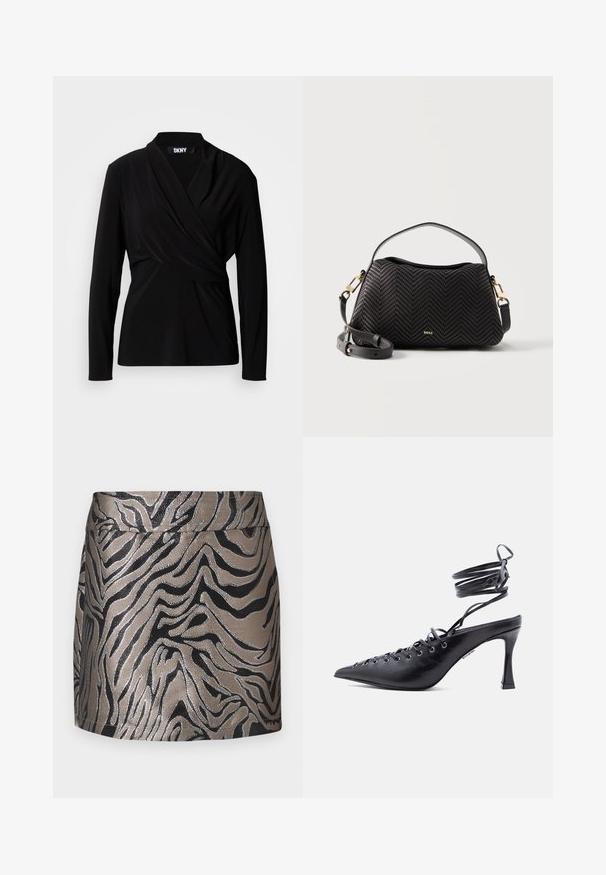 Sort langærmet top lavet af blødt stof med en draperet front og en omslags-silhuet. Har en klassisk krave og en glat tekstur.; Metallic sølv- og sort zebra-mønstret miniskørt med en glat overflade og en tætsiddende design. Bred talje linning øverst.; Sort spids tå højhælet sko med omsluttende ankelremme og flere snørehuller foran til snøring.; Sort textured læderhåndtaske med guldfarvet hardware, kort håndtag og justerbar aftagelig skulderrem, mærket "BOSS" foran.