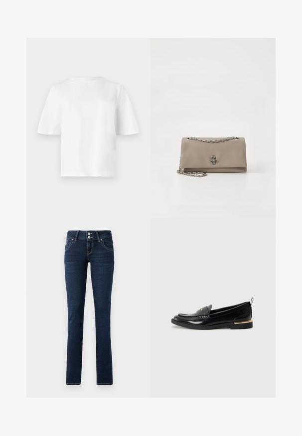 Effen witte T-shirt met korte mouwen en ronde hals, plat weergegeven tegen een lichtgrijze achtergrond.; Donkerblauwe skinny jeans met dubbele knoopsluiting, voorzakken en gele stiksel op een witte achtergrond.; Zwarte lakleren loafers met een afgeronde neus, een decoratieve band en een gouden accent op de hak. Gladde textuur met gestikte details.; Beige leren schoudertas met een zilveren kettingriem en een sluiting aan de voorkant. Glad textuur met een rechthoekige vorm en een minimalistisch ontwerp.