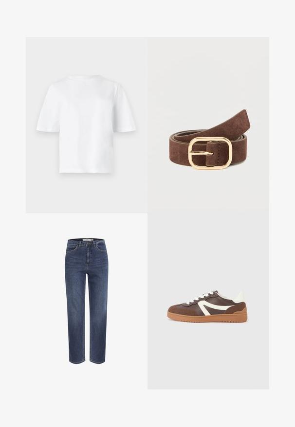 Enkelt hvid T-shirt med korte ærmer og rund halsudskæring, vist fladt mod en lysegrå baggrund.; Blå jeans med lige ben, forlommer, bæltestropper og knaplukning, vist mod en hvid baggrund.; Brun sneaker med hvide detaljer, lavet af glatte og teksturerede materialer, udstyret med en gummisål og snørelukning, med et sporty design.; Brunt ruskindsbælte med en rektangulær spænde i guldmetal. Bæltet har en glat tekstur og er designet til at fastgøre i taljen.