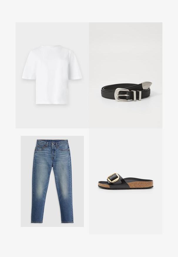 Enkelt hvid T-shirt med korte ærmer og rund halsudskæring, vist fladt mod en lysegrå baggrund.; Lyseblå denim jeans med lige pasform, fem lommer, knaplukning og diskret falming på lårene. Kontraststing er synlige.; Birkenstock MADRID BB LENA HIGH SHINE BLACK HEXN - REGULAR - Sandaler - black; Sort læderbælte med en sølvfarvet metalspænde og dobbelt løkke detaljer, der har en tekstureret overflade og en spids ende for en sikker pasform.