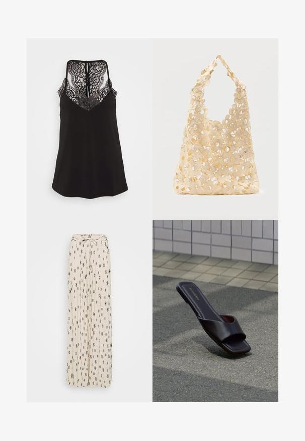 Camisole noire avec des détails en dentelle au niveau du décolleté en V et du dos. Dispose de bretelles ajustables et d'une texture de tissu lisse. Coupe regular.; Jupe maxi crème avec des motifs en losange noirs et floraux, en tissu plissé, avec un détail de taille à nouer et un design fluide.; Sandale slide marron foncé à bout carré et large bride, posée sur un goudron gris près d'un trottoir carrelé.; Sac fourre-tout en crochet beige avec un motif floral ajouré, présentant de grandes et petites fleurs ainsi qu'une poignée simple en boucle.