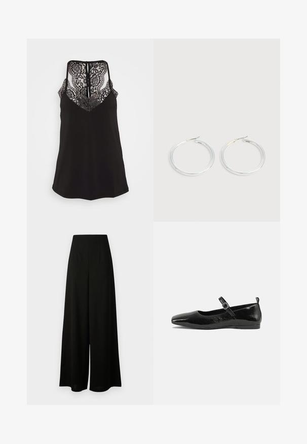 Sort cami med blonderdetaljer ved V-udskæringen og ryggen. Har justerbare stropper og en glat stoffascist. Regular fit.; Vero Moda Tall VMLIVA SUPER WIDE PANTS - Bukser - black; Sorte patentlæder flade sko med spidse tæer, en ankelrem med spænde og en glat, blank tekstur. Lav hæl for komfort.; Par skinnende sølvøreringe med tynde trådlåse, vist på en lys grå baggrund.