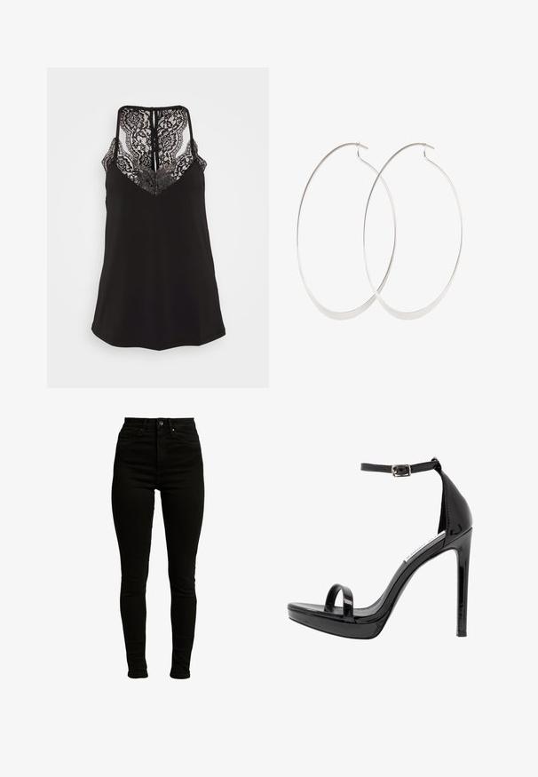 Sort cami med blonderdetaljer ved V-udskæringen og ryggen. Har justerbare stropper og en glat stoffascist. Regular fit.; Sorte højtaljede skinny jeans fremstillet af denim med let stræk, med lynlås, enkelt knaplukning og fem-lomme design.; Steve Madden MILANO - Højhælede sandaletter / Højhælede sandaler - black; Sølv hoops øreringe med et tyndt, glat design; langstrakt oval form; poleret finish; har en sikker krog lukning.