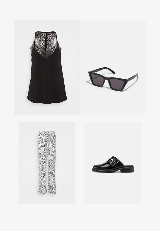 Camisole noire avec des détails en dentelle au niveau du décolleté en V et du dos. Dispose de bretelles ajustables et d'une texture de tissu lisse. Coupe regular.; Pantalons blancs avec un motif abstrait bleu marine, dotés d'une taille élastique et d'un cordon de serrage réglable. Conception à jambes droites avec une coupe ample.; Chaussure à enfiler en cuir noir avec deux boucles argentées, côtés ouverts, bout rond et talon bas empilé, montrée de profil sur fond blanc.; Lunettes noires angulaires avec des verres gris ; fabriquées en plastique, avec des branches épaisses à la surface lisse et sans matériel visible.
