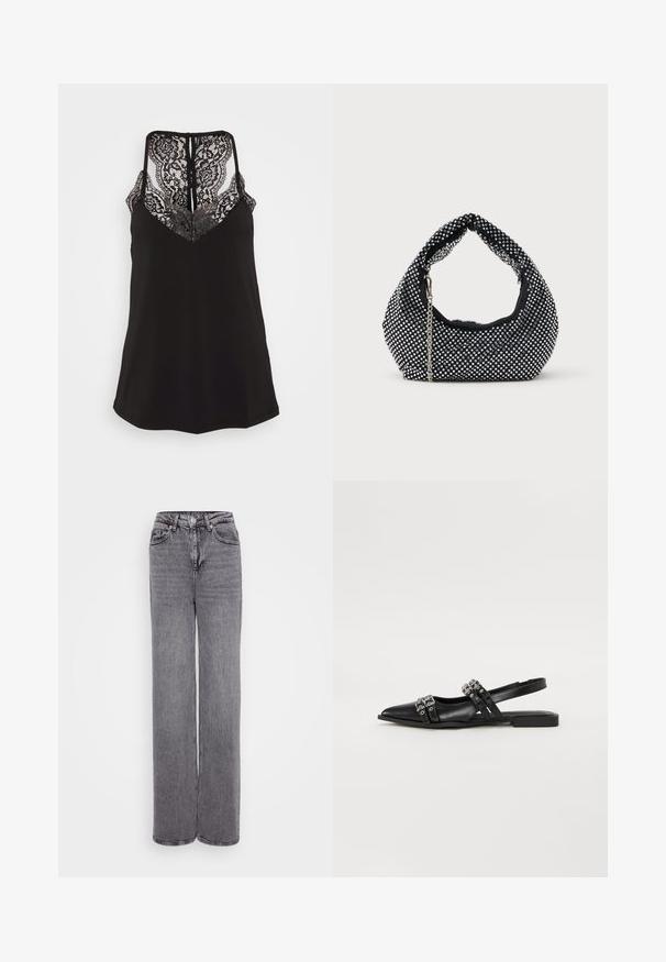 Sort cami med blonderdetaljer ved V-udskæringen og ryggen. Har justerbare stropper og en glat stoffascist. Regular fit.; Grå højtaljede jeans med lige ben, knap- og lynlåslukning, fem lommer og en tekstureret denimfinish.; Even&Odd by Zalando Slingback-ballerinasko - black; Sort mesh håndtaske prydet med sølvnitter, udstyret med et buet håndtag og en kædetraspe. Blød tekstur med en rund form.
