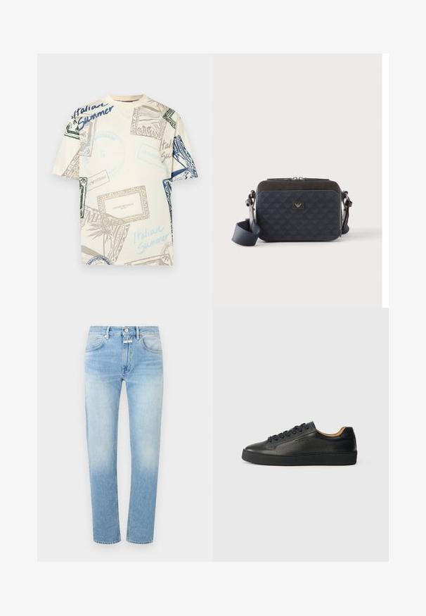 Bomulds-T-shirt i cremefarve med flerfarvede grafiske tryk, herunder frimærker og teksten "Italian Summer" i blå, grønne og brune nuancer.; Lyseblå denimjeans med lige ben, to frontlommer, knaplukning og subtile falmninger over stoffet.; Sorte lavtop lædersneakers med tekstureret overflade, sorte snørebånd og tyk gummisål, vist fra siden på en lys baggrund.; Rektangulær mørkeblå crossbody-taske med justerbar rem, lynlåslukning og diskret logomønster på frontpanelet.