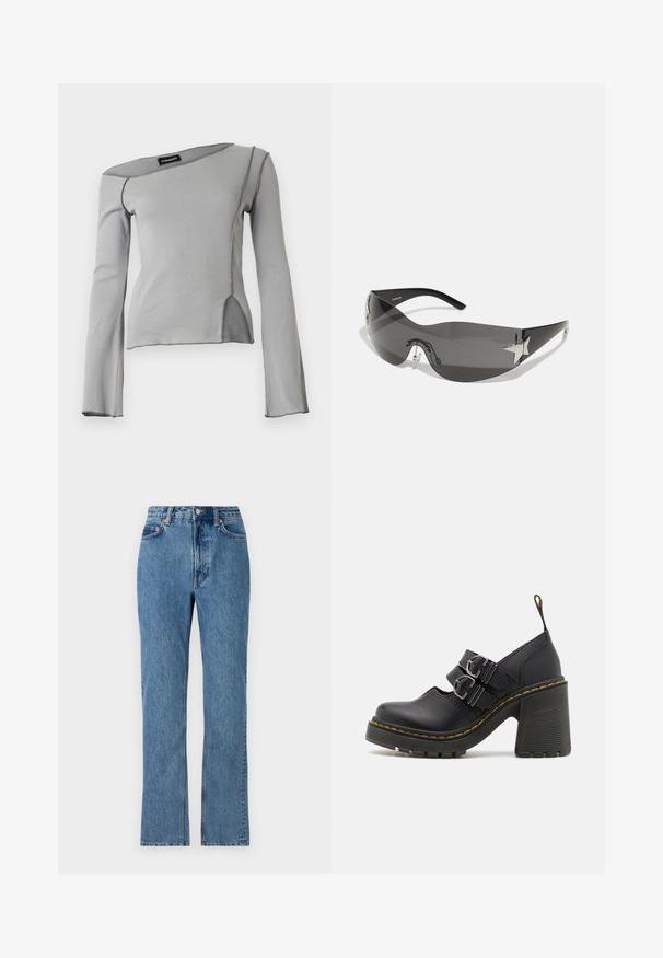 Top de manga larga gris claro con escote asimétrico, costuras expuestas y una abertura lateral frontal.; Jeans de mezclilla azul claro con cintura alta, piernas rectas y un diseño clásico de cinco bolsillos. Con botones y remaches de metal.; Zapatos de tacón alto negros con una suela texturada, que cuentan con dos hebillas plateadas, costuras amarillas y un lazo en la parte trasera para facilitar su uso.; Gafas de sol negras con diseño envolvente, lentes oscuros, acentos brillantes en forma de estrella y almohadillas nasales ajustables.