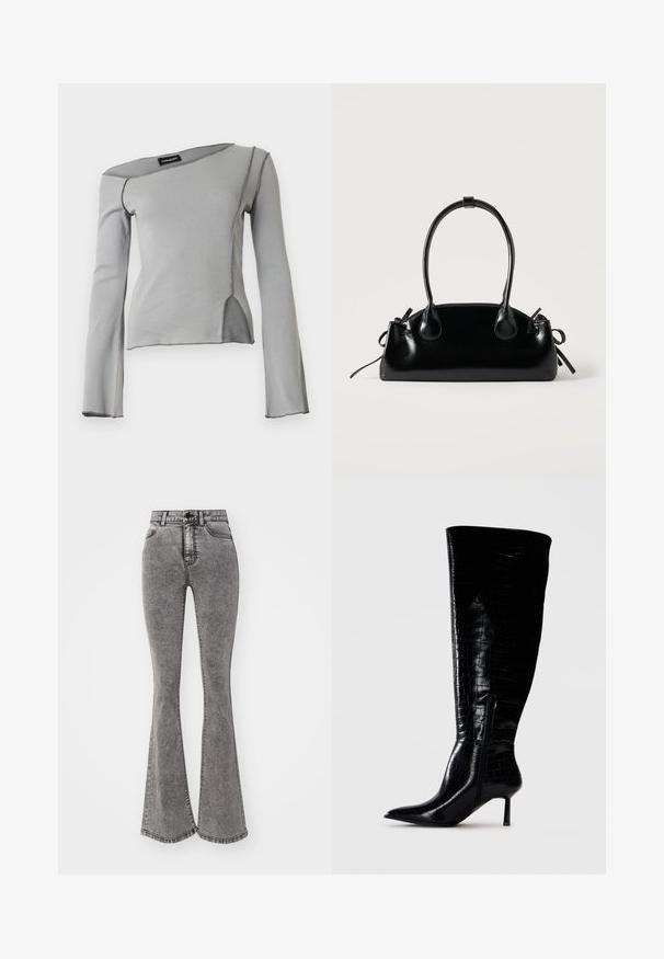 Lysegrå top med lange ærmer, asymmetrisk halsudskæring, synlige sømme og en slids i siden foran.; Højtaljede flared jeans i en falmet grå denim med slidte detaljer, med knaplukning og fem-lomme design.; Støvler i sort læder til knæene med en blank, krokodillemønster-finish. Spids tå og tynd hæl; har en sidelukning med lynlås.; Lille sort blank håndtaske med to lange håndtag og snøre-detaljer i siden på en ensfarvet lys baggrund.