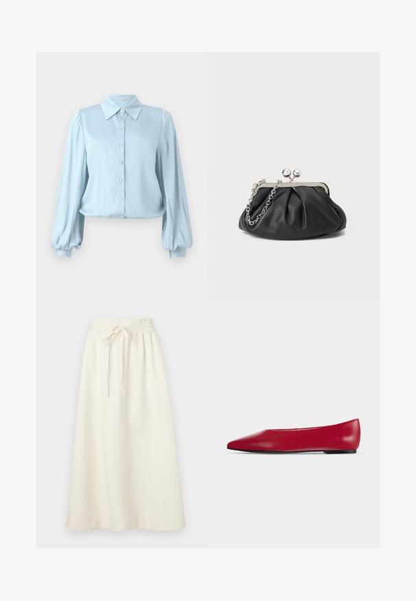 Hofmann Copenhagen FLORA - Chemisier - lavender blue; Soulland MEIR SKIRT - Jupe longue - white; Chaussure plate en cuir rouge à bout pointu, semelle noire et petit talon, vue de profil sur un fond clair uni.; Porte-monnaie en cuir noir avec texture froncée, cadre en métal argenté, fermeture à verrouillage kiss-lock et bandoulière en chaîne. Surface lisse et douce.