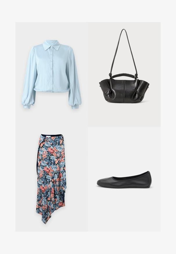 Hofmann Copenhagen FLORA - Skjortebluser - lavender blue; Rabanne Pencil skirt - english tapestry/pink/blue/green; Sort læderballetsko med rund tå, glat tekstur, minimal syning og et fleksibelt såldesign.; Sort lædertaske med en struktureret overflade, bløde folder, dobbelte stropper og vævet detalje på håndtaget. Kompakt, med en åben-top design.