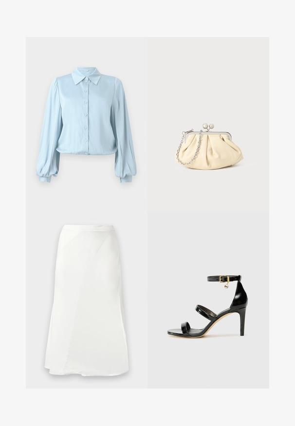 Hofmann Copenhagen FLORA - Blusa - lavender blue; Falda blanca de línea A con detalles de costura sutiles y una textura suave, mostrada sobre un fondo gris claro liso.; Sandalia de charol negro con tres correas, hebilla en el tobillo y tacón de aguja de 10 cm. Presenta detalles de hardware en oro y un charm con el logo.; Clutch de cuero beige plisado con un marco de metal plateado, que cuenta con dos broches decorativos redondos y una correa de cadena plateada.