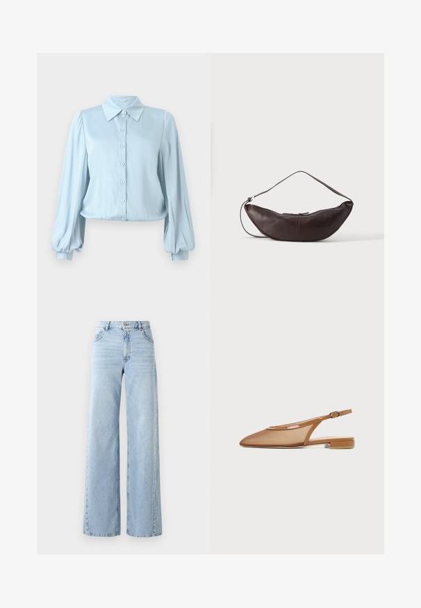 Hofmann Copenhagen FLORA - Hemdbluse - lavender blue; Weite helle blaue Jeans mit hoher Taille, fünf Taschen und ausgewaschenem Look. Verfügt über gesteppte Details und einen geraden Schnitt am Saum.; Brauner Slingback-Flachschuh mit spitzer Zehenpartie, dünnem Riemen mit Schnalle und niedrigem Blockabsatz auf weißem Hintergrund.; Dunkelbraune Leder-Schultertasche in Halbmondform mit gebogenem Riemen und sichtbarer Naht auf schlichtem Hintergrund.