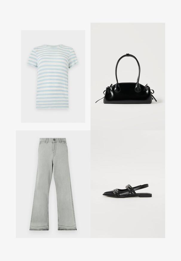 T-shirt à manches courtes côtelé avec des rayures horizontales bleu clair et blanc et un col rond sur fond blanc.; Jean évasé gris clair en denim, doté d'une fermeture par bouton, d'une ceinture droite et d'une texture légèrement usée aux ourlets.; Even&Odd by Zalando Ballerines à brides arrière - black; Petit sac à main noir brillant avec deux longues anses et des détails à cordon sur les côtés sur un fond clair uni.