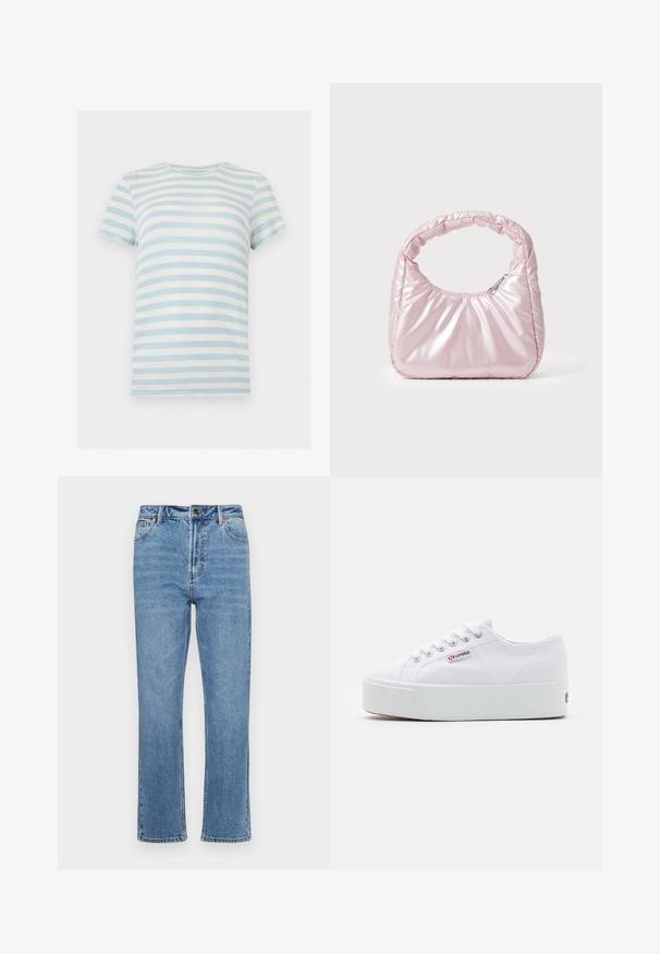 T-shirt à manches courtes côtelé avec des rayures horizontales bleu clair et blanc et un col rond sur fond blanc.; Jean en denim bleu clair avec une coupe droite, cinq poches, fermeture à bouton à l'avant et décoloration subtile sur le tissu.; Baskets en toile blanches avec une épaisse semelle plateforme blanche, bout rond et œillets en métal pour les lacets. Logo de la marque affiché sur le côté.; Sac à main rose rembourré avec un design arrondi, fabriqué à partir d'un matériau brillant. Dispose d'une poignée froncée et d'une fermeture éclair pour un accès sécurisé.