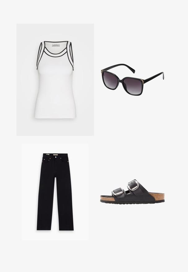 Weißes Tanktop aus Rippstoff, mit schwarzen Akzenten entlang des Ausschnitts und der Armausschnitte, in einer taillierten Silhouette.; Schwarze Denim-Jeans mit geradem Schnitt, fünf Taschen, Kupferbeschlägen und einer glatten Textur. Zwei Etiketten sind am Bund sichtbar.; Schwarze Sandale mit zwei verstellbaren Riemen, silbernen Schnallen und einem Korkfußbett auf einer strukturierten schwarzen Gummisohle.; Schwarze Sonnenbrille mit grauen Verlaufslinsen, übergroße quadratische Fassung mit goldenen Akzentdetails an den Ecken und schlanken schwarzen Bügeln.