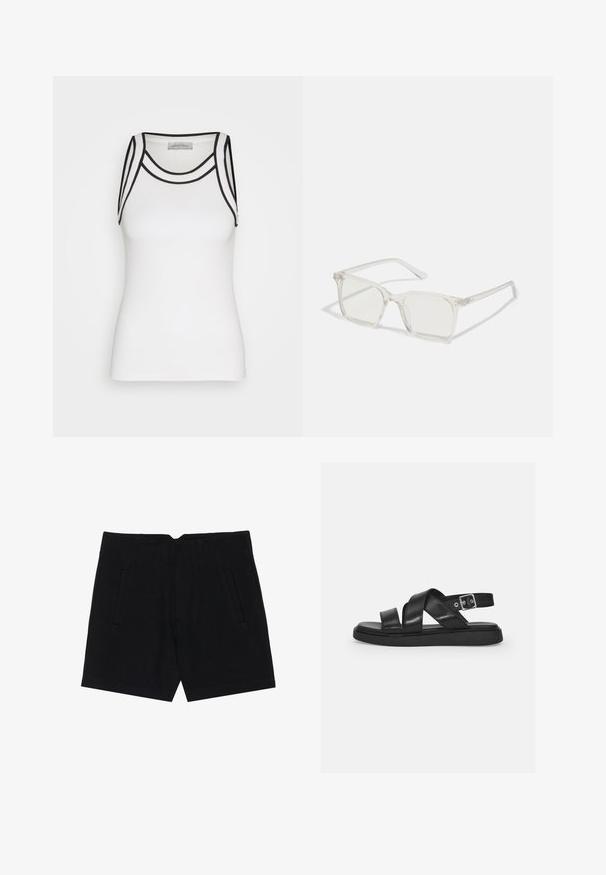 Witte tanktop van ribstof, met zwarte accenten langs de halslijn en armsgaten, en een aansluitende pasvorm.; Zwarte shorts van een gladde stof, met zijzakken, een getailleerde pasvorm en gestikte plooien aan de voorkant voor een nette silhouet.; Zwarte leren sandalen met gekruiste banden, verstelbare enkelgesp, platte zool en minimalistisch ontwerp. Zachte textuur met matte afwerking.; Heldere plastic vierkante monturen met doorzichtige glazen, gekenmerkt door gouden accenten op de slapen voor extra detail.