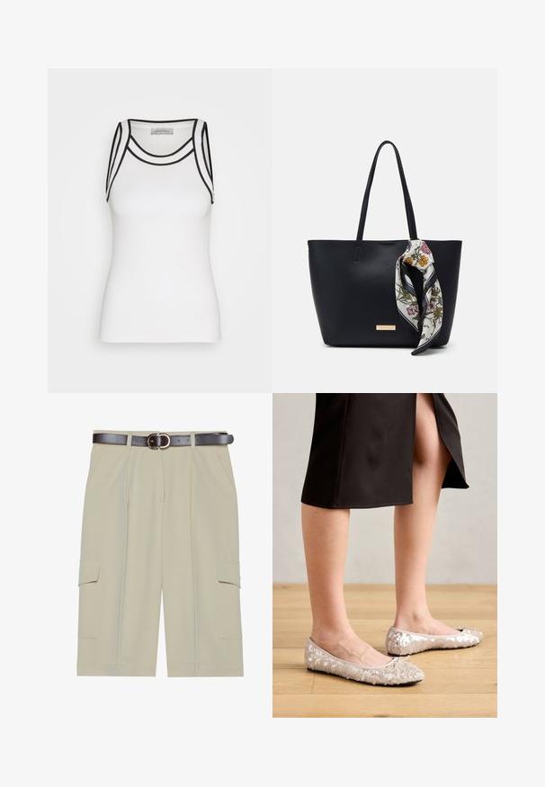 Top de tirantes blanco hecho de tela acanalada, con detalles en negro a lo largo del escote y los ojales de los brazos, con una silueta ajustada.; Pantalones cortos cargo beige con un corte relajado, que presentan dos bolsillos laterales y un cinturón marrón con una hebilla redonda, textura de tela suave.; Bailarinas de lentejuelas beige con puntera redondeada, que presentan un lazo decorativo, combinadas con una falda negra, exhibidas sobre un suelo de madera.; Bolso de tote de cuero negro con dos asas, decorado con una bufanda de seda floral atada en el asa y un acento metálico con el logotipo en el frente.