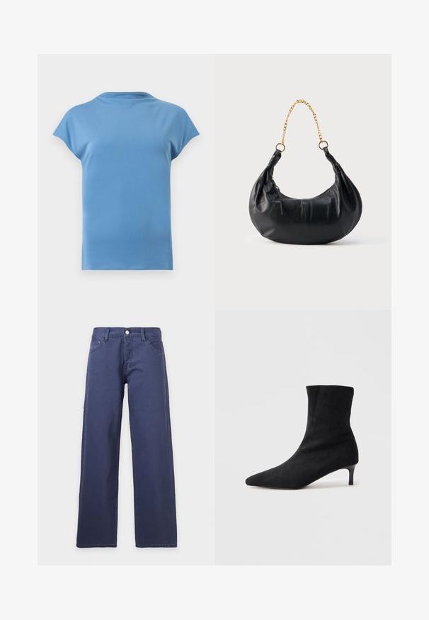 Solid lyseblå kortærmet skjorte med rund hals og afslappet pasform, vist bagfra på en neutral baggrund.; Mørkeblå straight-leg denimjeans med forlommer, bæltestropper og knaplukning ved taljen på en ensfarvet baggrund.; Sort ruskinds ankelstøvle med spids tå og en slank, let buet hæl. Glat overflade og minimalisk design.; Sort læderhåndtaske i halvmåneform med gyldent kæderem og lynlås på siden.