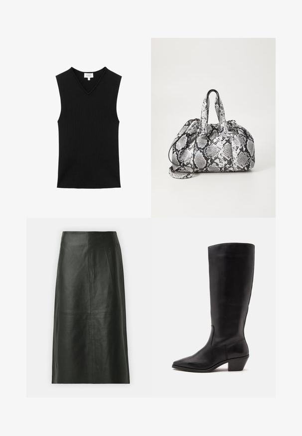 Haut en maille noir sans manches avec encolure en V et petite étiquette de marque blanche à l'intérieur du col.; Jupe midi en cuir noir avec une coupe droite. Texture lisse, coutures minimales et taille ajustée. Pas de poches visibles ni de détails supplémentaires.; Botte en cuir noire mi-mollet avec un bout pointu et un talon bas incliné sur un fond clair uni.; Sac à main en motif peau de serpent noir et blanc avec deux poignées, une fermeture à cordon et une bandoulière amovible. Texture lisse.
