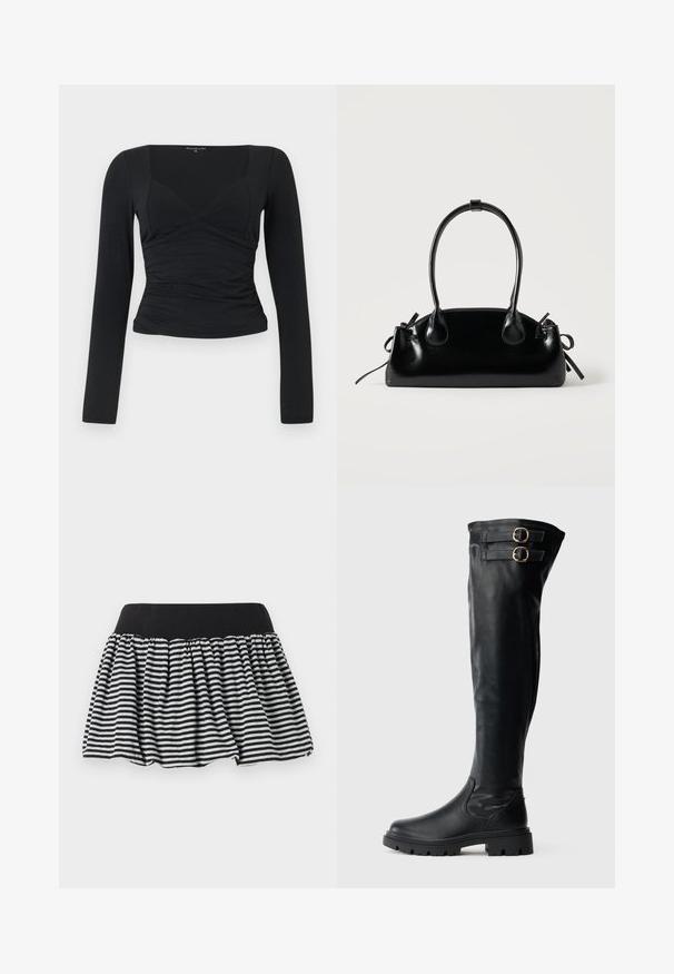 Haut noir à manches longues avec un design ajusté, décolleté en V et détail de taille froncée. Fabriqué à partir d'un tissu lisse et extensible.; Jupe à rayures noires et blanches avec un design plissé et une taille élastique, fabriquée en matériau doux. Présente une forme évasée pour plus de volume.; Bottes noires montantes au-dessus du genou en cuir lisse. Elles présentent deux boucles métalliques, une semelle en caoutchouc épaisse et un design élégant.; Petit sac à main noir brillant avec deux longues anses et des détails à cordon sur les côtés sur un fond clair uni.