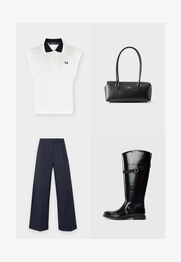 Polo sans manches blanc avec col en maille noire, deux boutons blancs et petit logo noir de couronne de laurier sur la poitrine.; Pantalon large bleu marine avec ourlets retournés, taille haute, boutons latéraux et plis à l'avant.; Botte en cuir noir haute avec un talon bas et une sangle décorative avec boucle en argent autour du haut du mollet.; Sac à main rectangulaire en cuir noir avec deux longues anses et logo numérique blanc centré sur le devant.